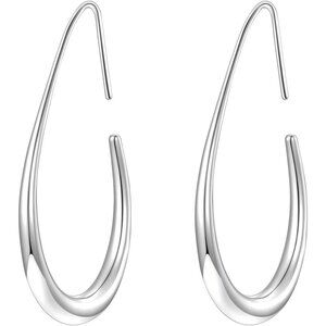 Silver Polished Lightweight Teardrop Large Oval Pull Hoop Earrings for Women